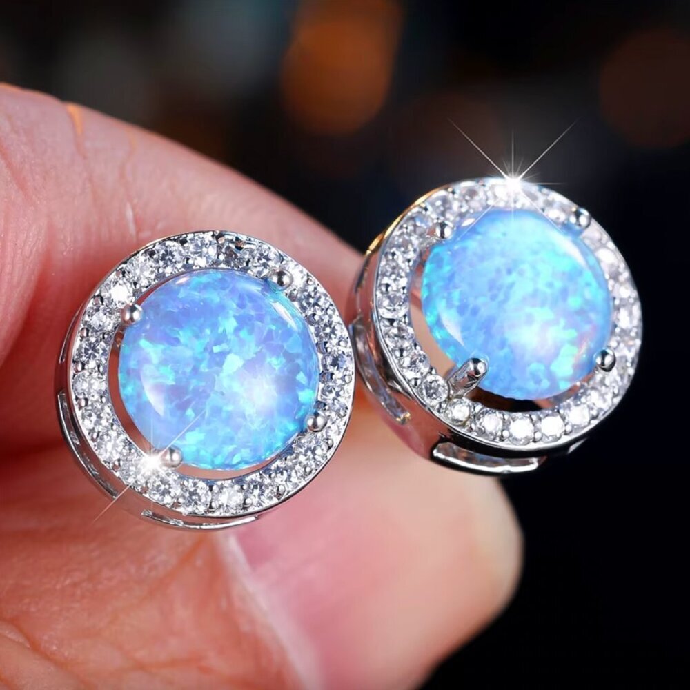 NEW 18k White Gold Blue Opal Diamond Stud Earrings